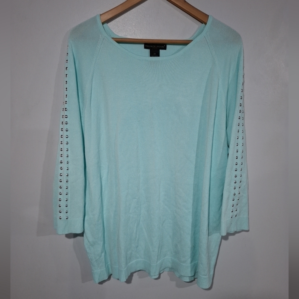 Preswick & Moore Women’s 2X Top Round Neck  Aqua Blue Studded 3/4 Sleeve Sweater